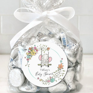 Cute Elephant Baby Shower Party Decor with Floral  Classic Round Sticker