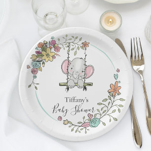 Cute Elephant Baby Shower Party Decor with Floral  Paper Plate