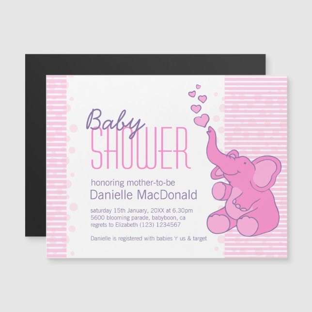 Cute Elephant baby shower pretty pink stripes Magnetic Invitation (Front/Back)