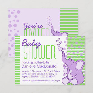 Cute Elephant baby shower purple green invitation
