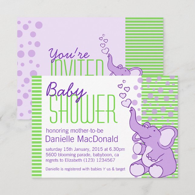 Cute Elephant baby shower purple green invitation (Front/Back)