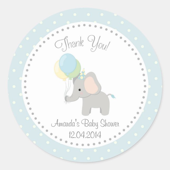 Cute Elephant Baby Shower Sticker (Blue) (Front)