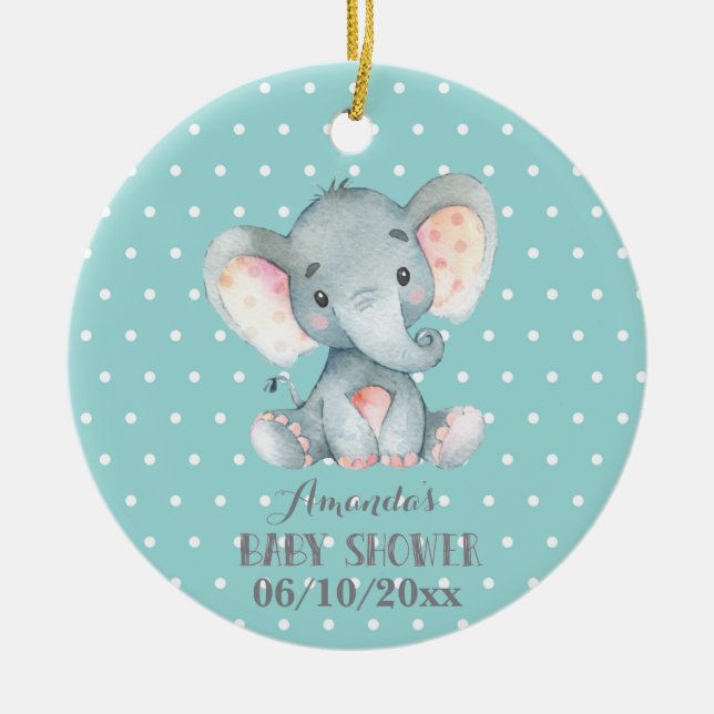 Cute Elephant Baby Shower Teal and Grey Ceramic Tree Decoration (Front)