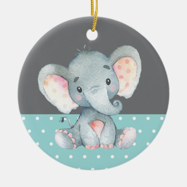Cute Elephant Baby Shower Teal Aqua Turquoise Ceramic Tree Decoration (Front)