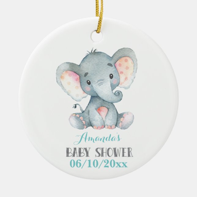 Cute Elephant Baby Shower Teal Aqua Turquoise Ceramic Tree Decoration (Front)