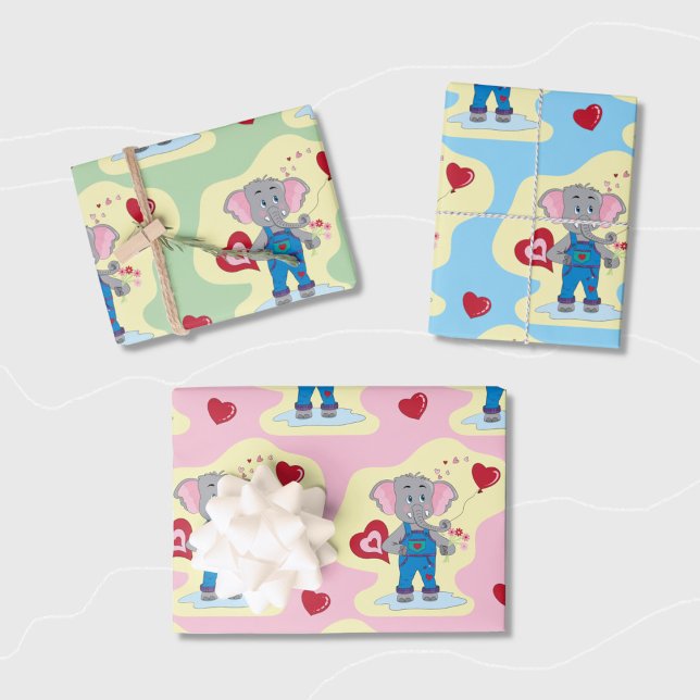 Cute Elephant Baby Shower Wrapping Paper Sheet  (Cute baby shower wrapping paper sheets featuring a charming cartoon elephant and hearts pattern .)