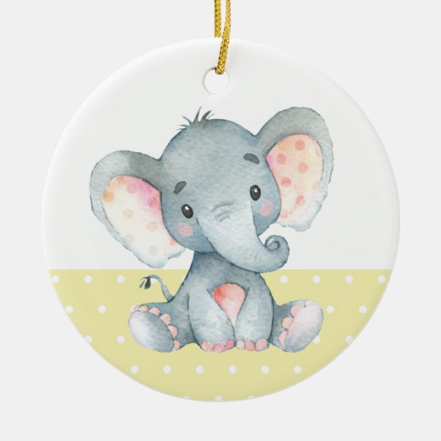 Cute Elephant Baby Shower Yellow Ceramic Tree Decoration (Front)