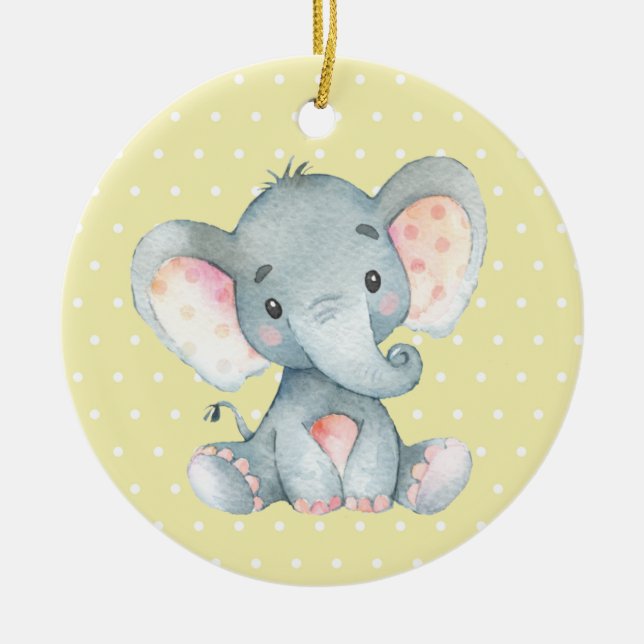 Cute Elephant Baby Shower Yellow Ceramic Tree Decoration (Front)
