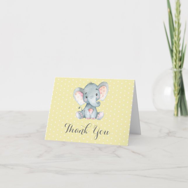 Cute Elephant Baby Yellow and Gray Thank You Card (Front)