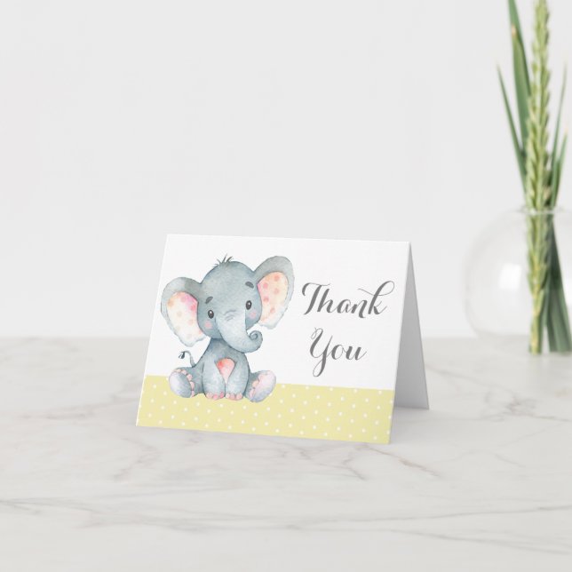 Cute Elephant Baby Yellow and Grey Thank You Card (Front)