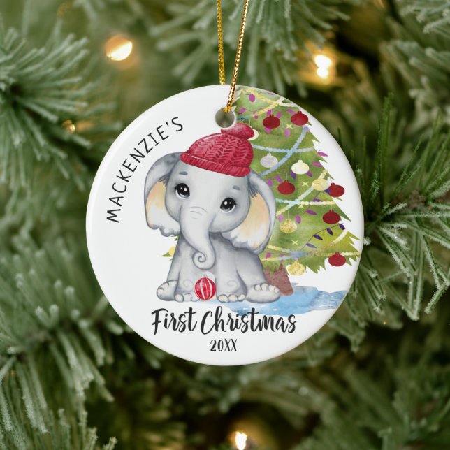 Cute Elephant Baby's First Christmas Personalised Ceramic Tree Decoration (Tree)