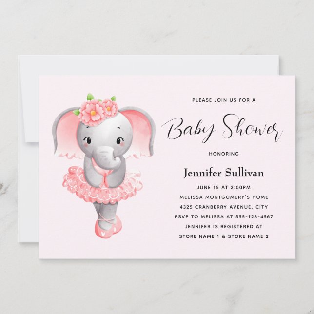 Cute Elephant Ballerina Pink & Grey Baby Shower Invitation (Front)