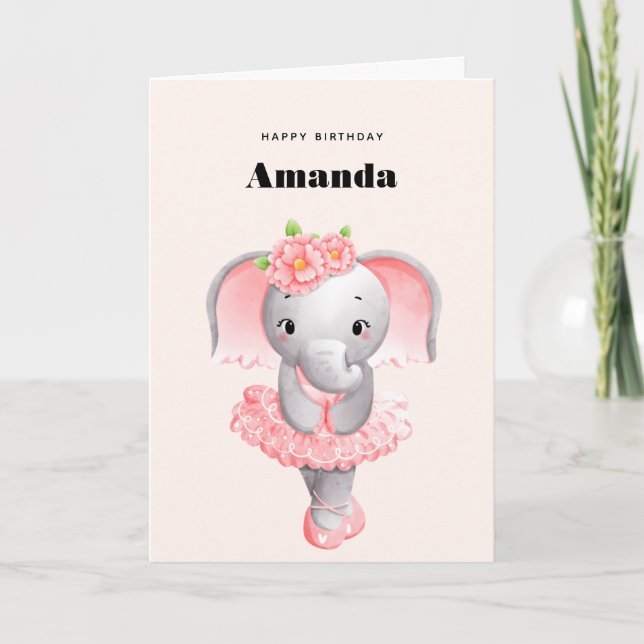 Cute Elephant Ballerina Pink & Grey Birthday Card (Front)