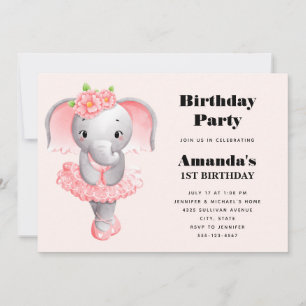 Cute Elephant Ballerina Pink & Grey Birthday Invitation