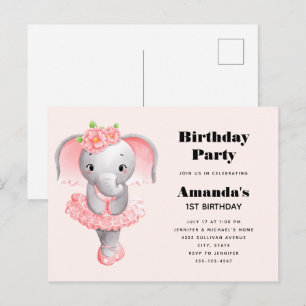 Cute Elephant Ballerina Pink & Grey Birthday Invitation Postcard