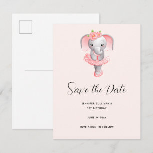 Cute Elephant Ballerina Pink & Grey Save the Date Invitation Postcard