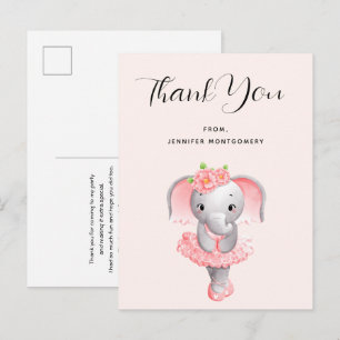 Cute Elephant Ballerina Pink & Grey Thank You Postcard