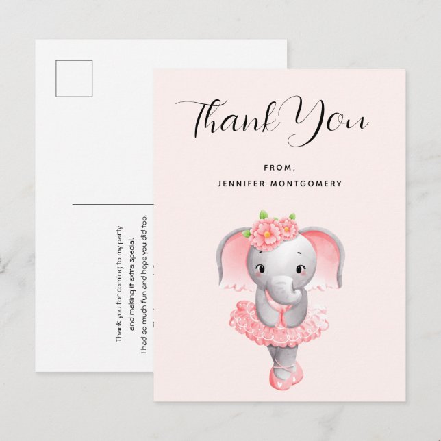 Cute Elephant Ballerina Pink & Grey Thank You Postcard (Front/Back)
