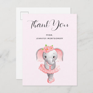 Cute Elephant Ballerina Pink & Grey Thank You Postcard