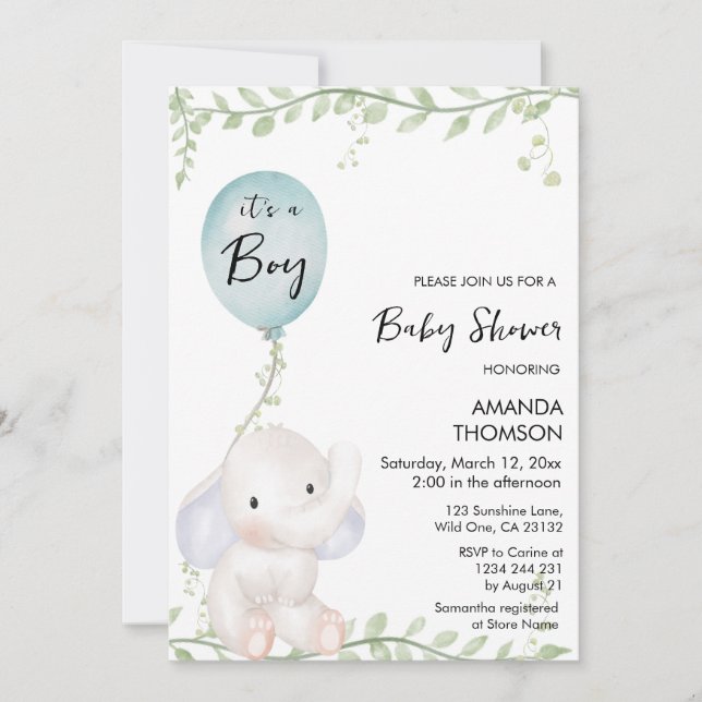 Cute Elephant balloon baby shower Invitation (Front)