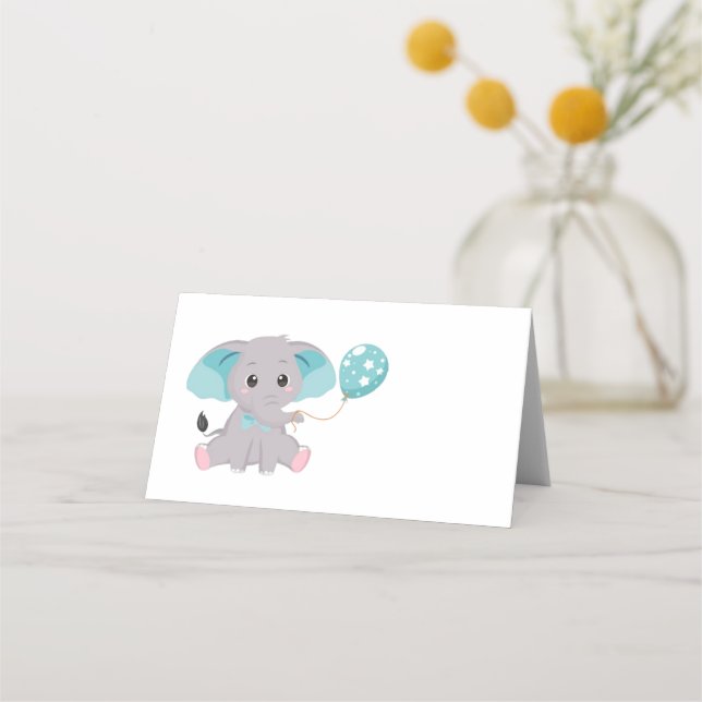 Cute Elephant Balloon Blue Place Card (Front)
