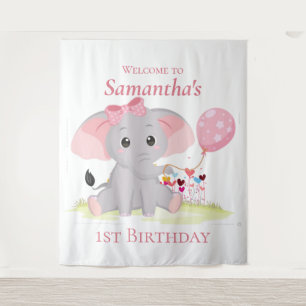 Cute Elephant  balloon Girl Birthday  Backdrop Tapestry