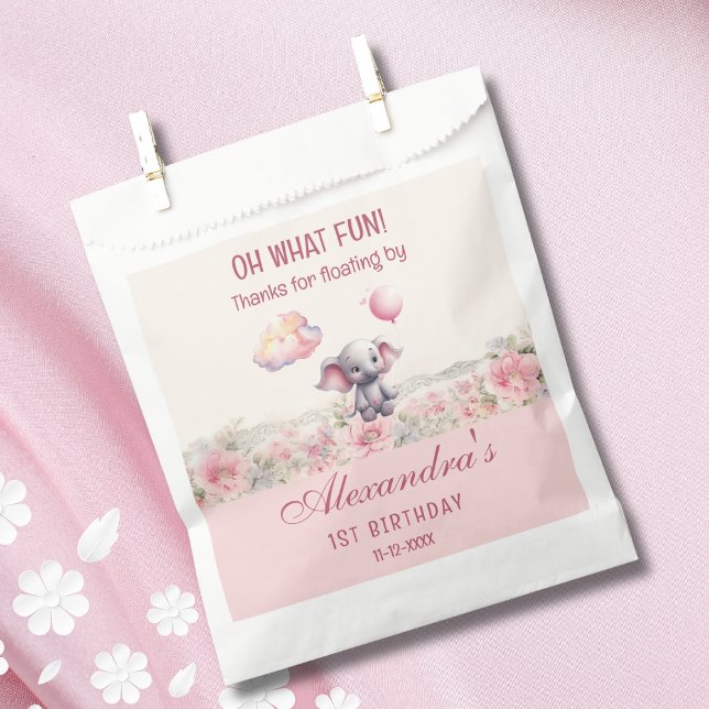 Cute Elephant Balloon Pink Baby Girl 1st Birthday Favour Bags (Creator Uploaded)