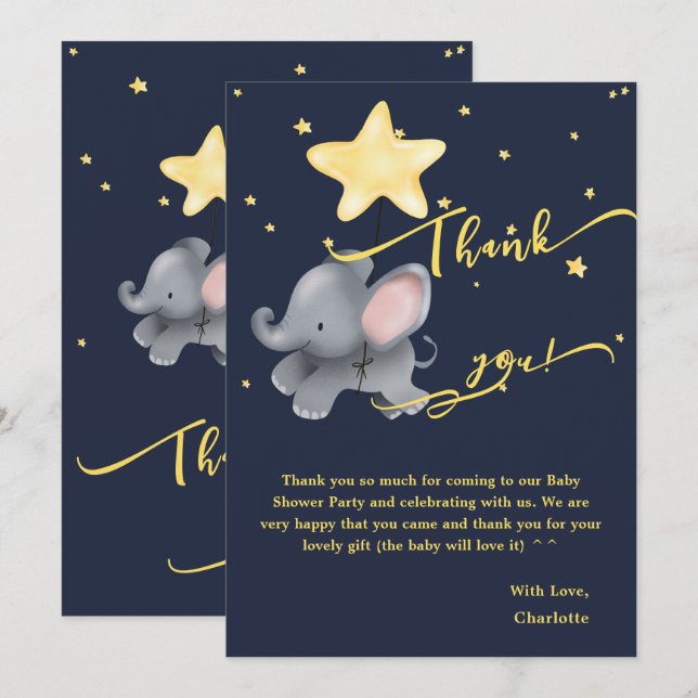 Cute Elephant & Balloon Under The Sparkling Night Thank You Card (Front/Back)