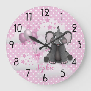 Cute Elephant Balloons Baby Girl Pink Nursery Large Clock