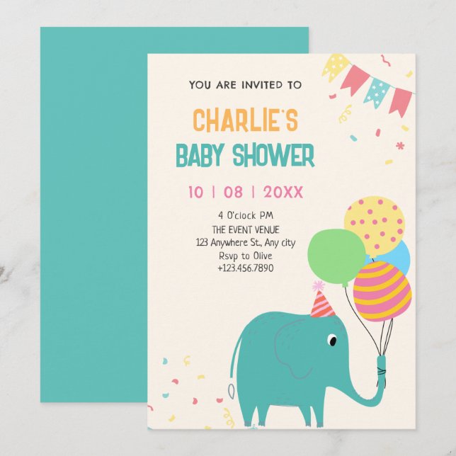 Cute elephant balloons baby shower invitation (Front/Back)