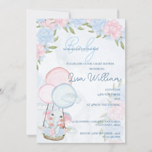 Cute Elephant Balloons Pink Floral Baby Shower  Invitation
