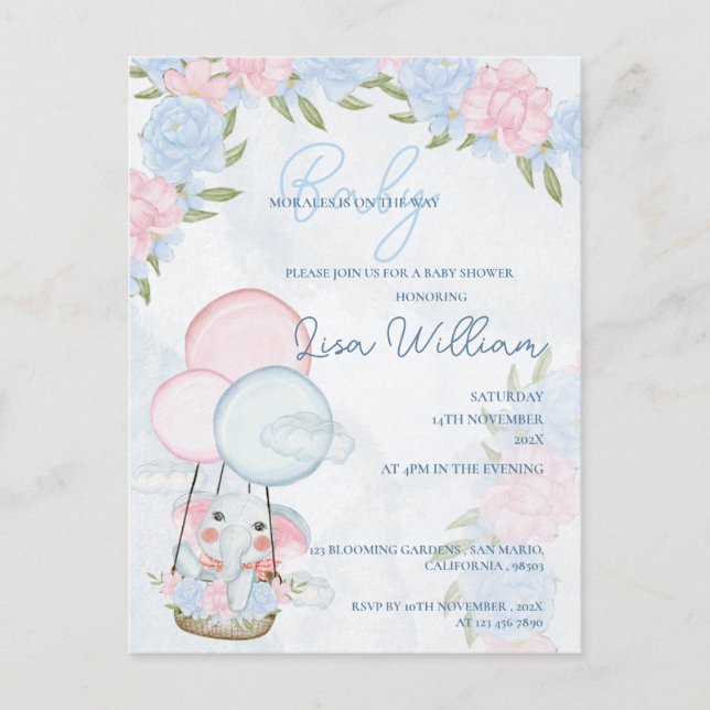 Cute Elephant Balloons Pink Floral Baby Shower  Postcard (Front)