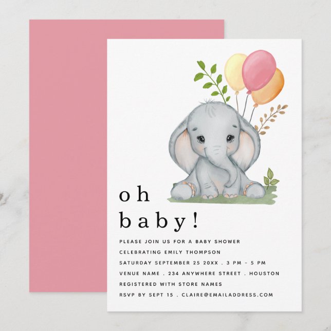 Cute Elephant Balloons Pink Girl Baby Shower Invitation (Front/Back)
