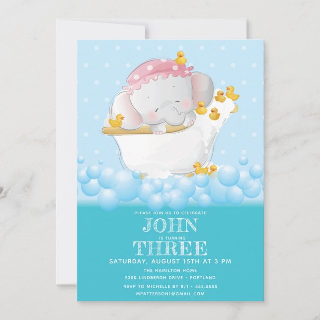 Cute Elephant Bath Birthday Invitation (Front)