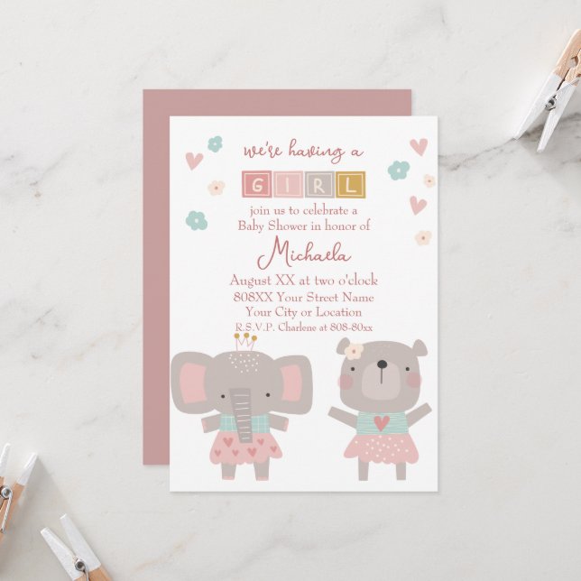 Cute Elephant & Bear Girl Baby Shower Invitation (Front/Back In Situ)