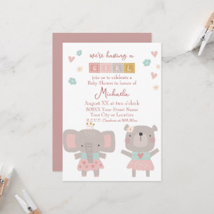 Cute Elephant & Bear Girl Baby Shower Invitation