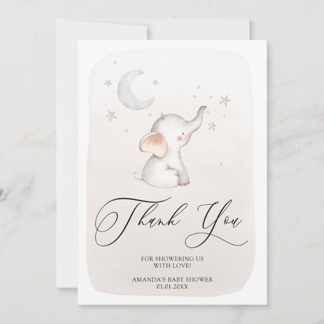Cute Elephant Beige Gender Neutral Baby Shower Thank You Card (Front)
