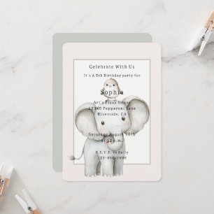 Cute Elephant Bird Birthday Invitation