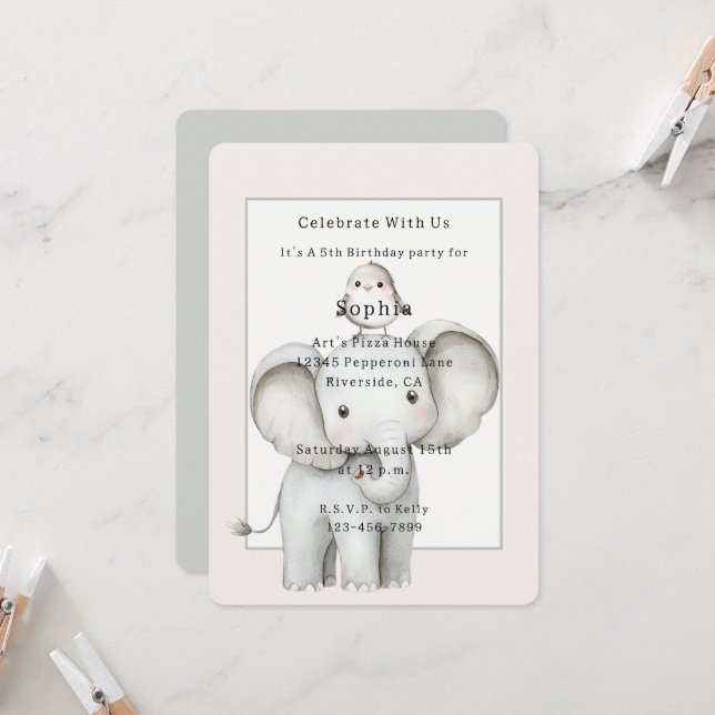 Cute Elephant Bird Birthday Invitation (Front/Back In Situ)
