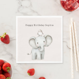 Cute Elephant Bird Birthday Napkin