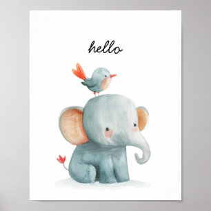 Cute Elephant Bird Hello Watercolor Nursery Poster