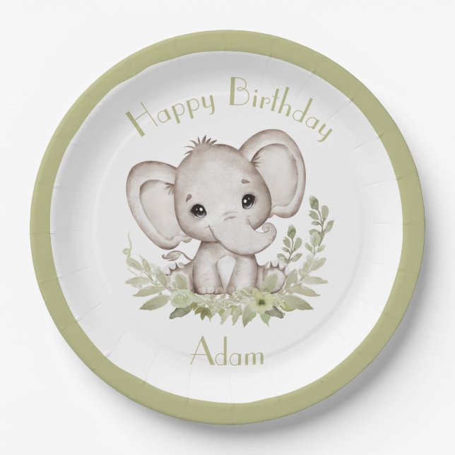 Cute Elephant Birthday Boy Green Paper Plates (Front)
