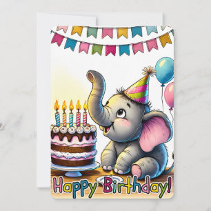 Cute Elephant Birthday Card – Colourful Cake & Bal