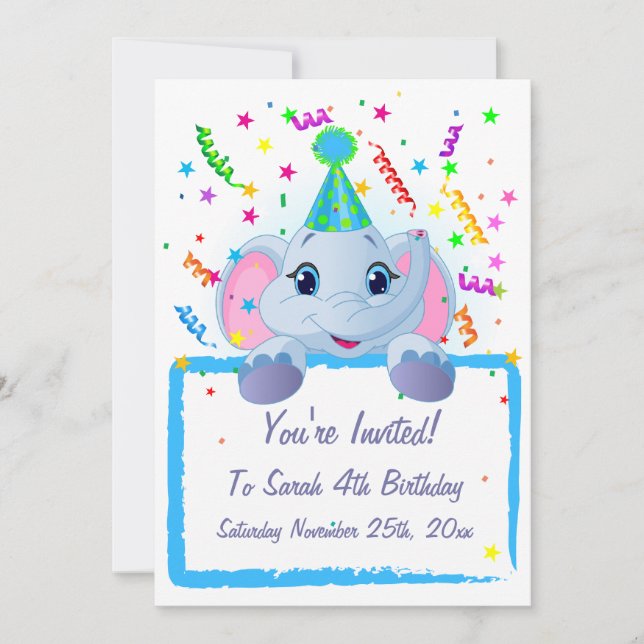 Cute Elephant Birthday Invites (Front)