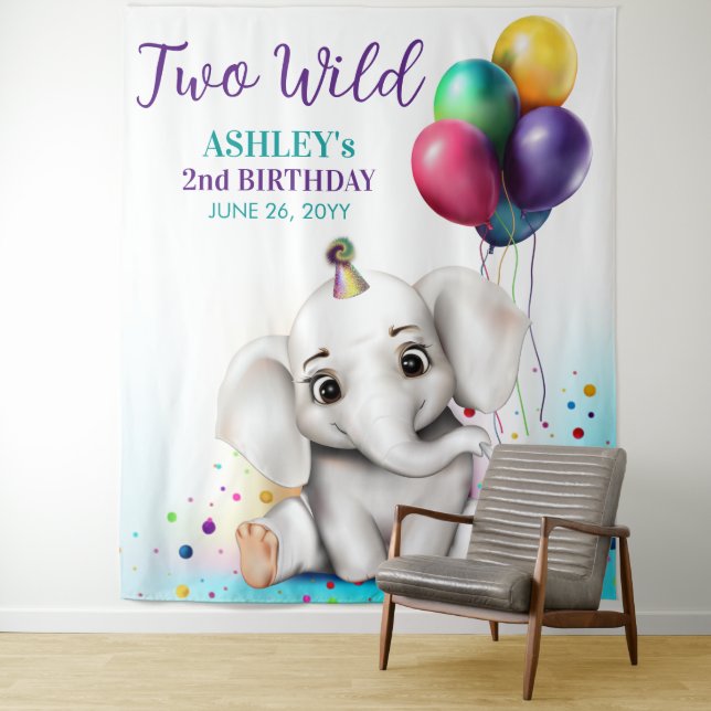 Cute Elephant Birthday Party Backdrop Tapestry (In Situ)