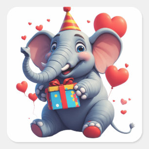 Cute Elephant Birthday Party With Gift 🎁 Square Sticker