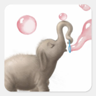 cute elephant blowing pink bubbles square sticker