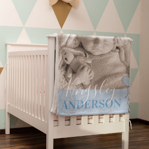 Cute Elephant Blue Baby Name, Birth Stats Photo Baby Blanket