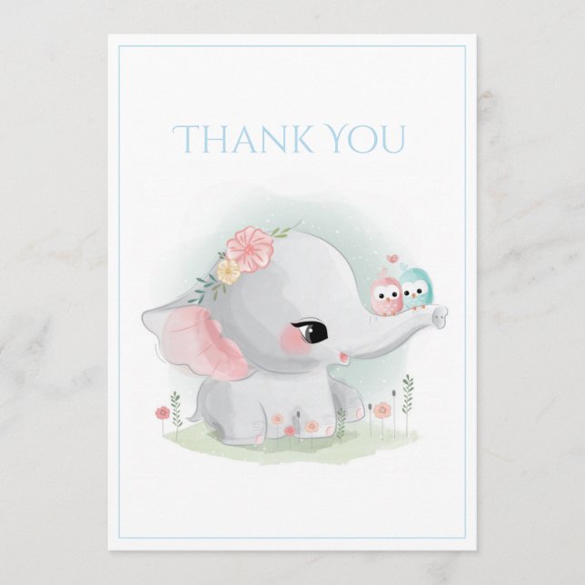 Cute Elephant Blue Baby Shower Thank You Card (Front)