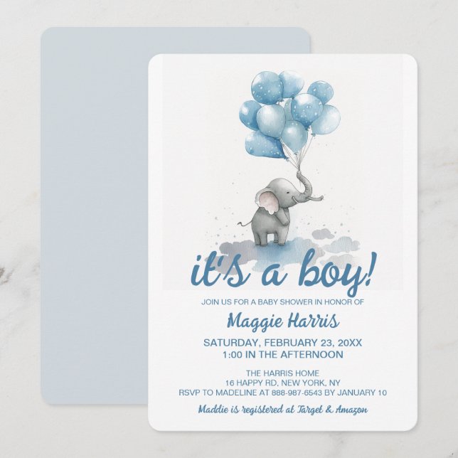 Cute Elephant Blue Baloons It's a Boy Baby Shower Invitation (Front/Back)
